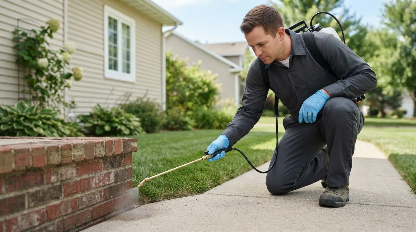 Pest control technician treating a home near Ojibwa, WI